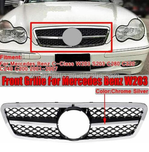 Upgrade AMG style Front Bumper Grille Aluminium For Benz w203 c32 C class 2000-2007 with hole Auto Body Kits Silver ABS 2006