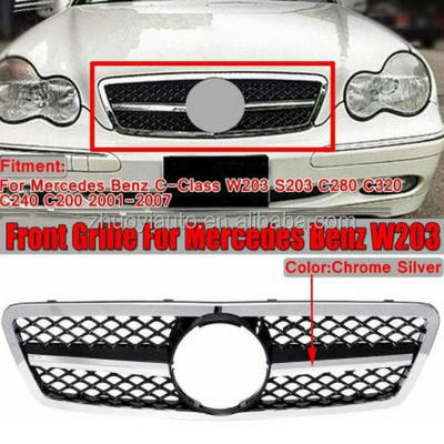 Upgrade AMG style Front Bumper Grille Aluminium For Benz w203 c32 C class 2000-2007 with hole Auto Body Kits Silver ABS 2006