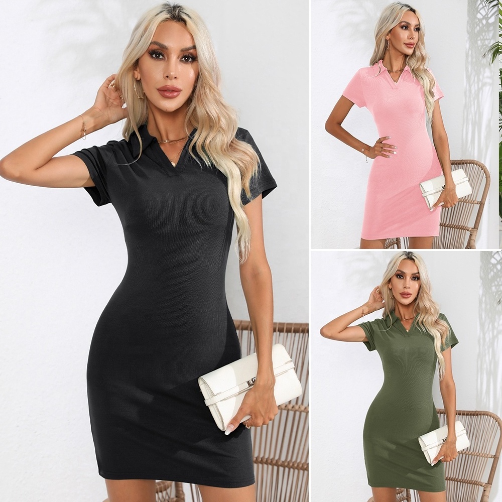 Custom New Style Elegant Summer Women High Waist Solid Color Short Sleeves Polo Neck Mini Sheath Dress In Stock