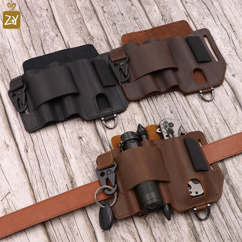 Genuine Leather EDC Tactical Waist Belt Multifunctional Storage Bag EDC Pocket Organizer Camping Tool Sets Holster