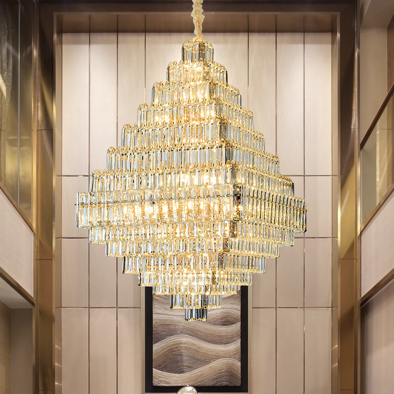 Modern Big Project Chandelier Golden Luxury Duplex Villa Hotel Lobby Banquet Hall K9 Crystal Customizable Square Chandelier