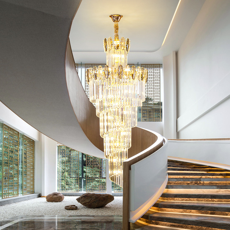 Modern Gold Luxury Large Round Stairwell Stair Lighting Crystal Chandeliers Pendant Lights For Hotel Lobby Staircase