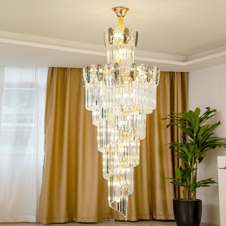 Modern Gold Luxury Large Round Stairwell Stair Lighting Crystal Chandeliers Pendant Lights For Hotel Lobby Staircase