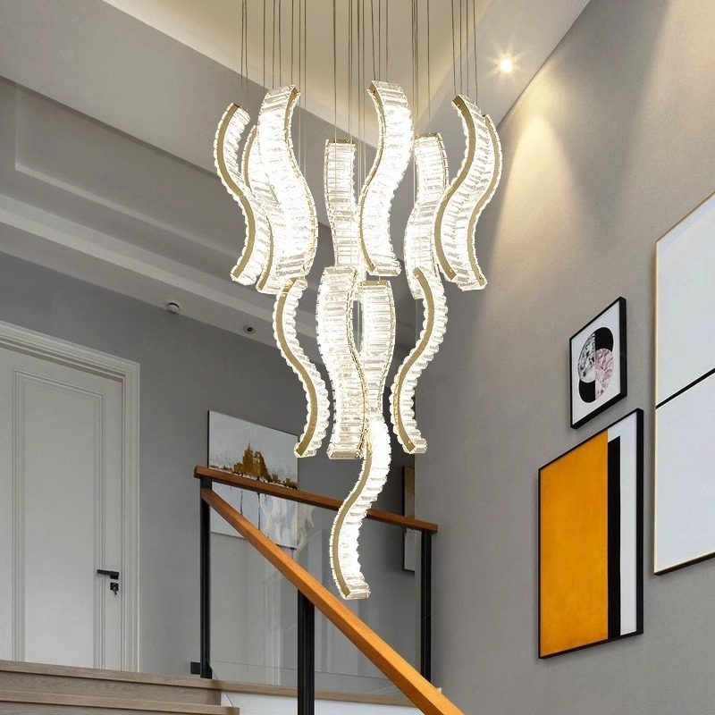 Modern Luxury Large High Ceiling Spiral Stairs Lamp Led Pendant Light Long Staircase Crystal Chandelier