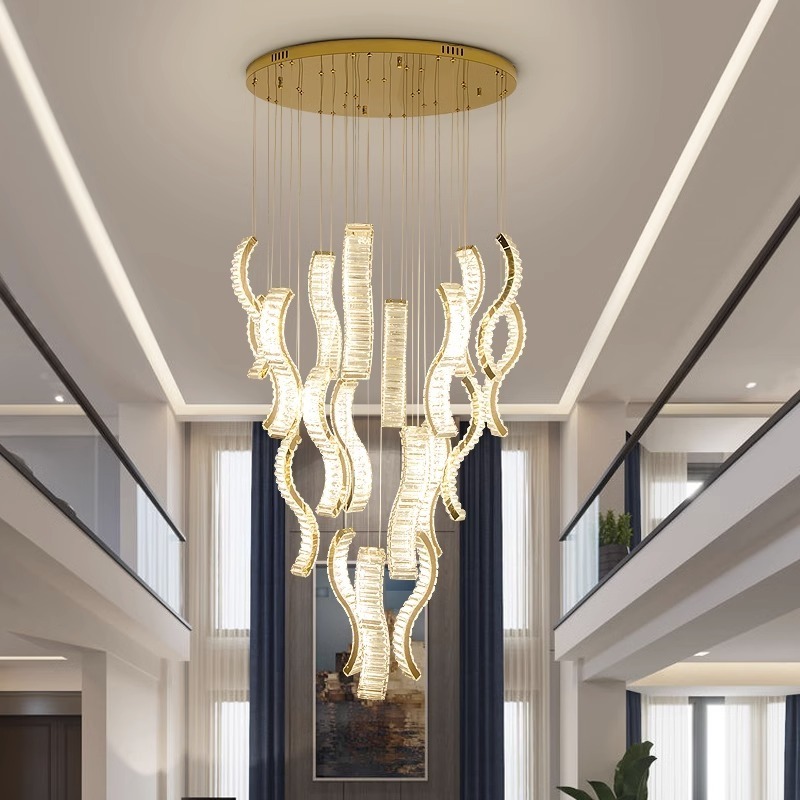 Modern Luxury Large High Ceiling Spiral Stairs Lamp Led Pendant Light Long Staircase Crystal Chandelier