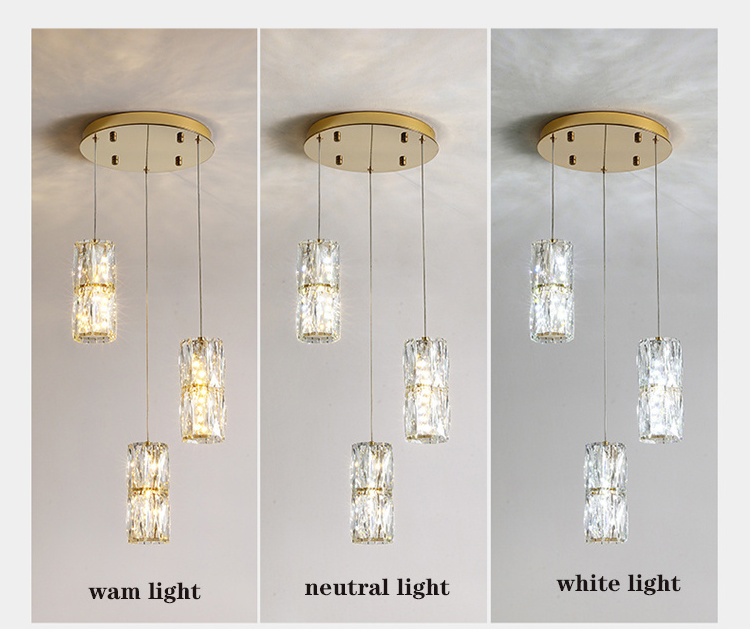 3-light Gold Modern Crystal Dimmable Led Hanging Pendant Light Fixtures For Kitchen Island Dining Room Bedroom Hallway