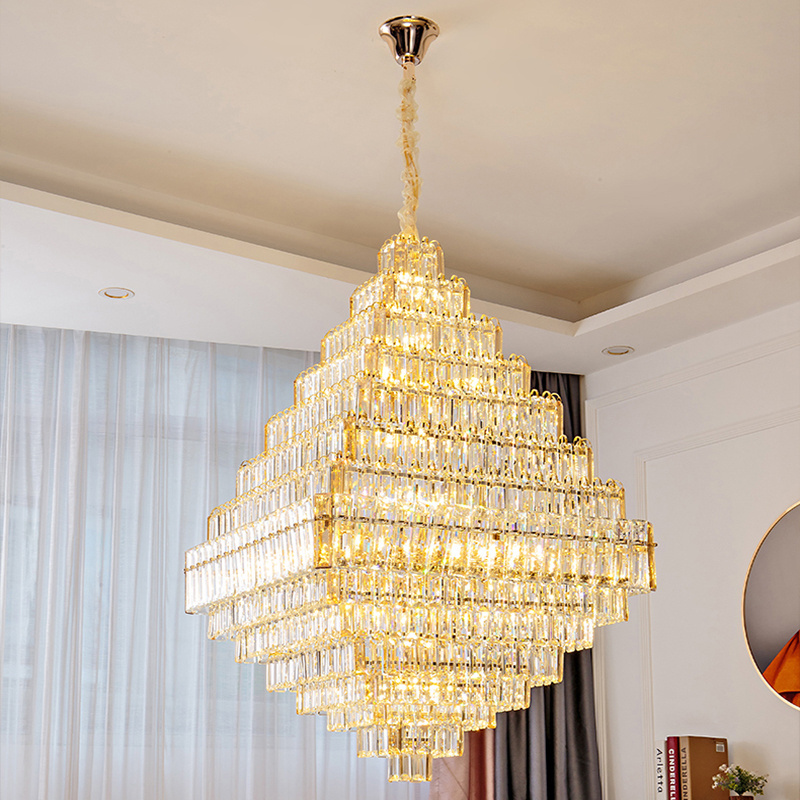 Modern Big Project Chandelier Golden Luxury Duplex Villa Hotel Lobby Banquet Hall K9 Crystal Customizable Square Chandelier