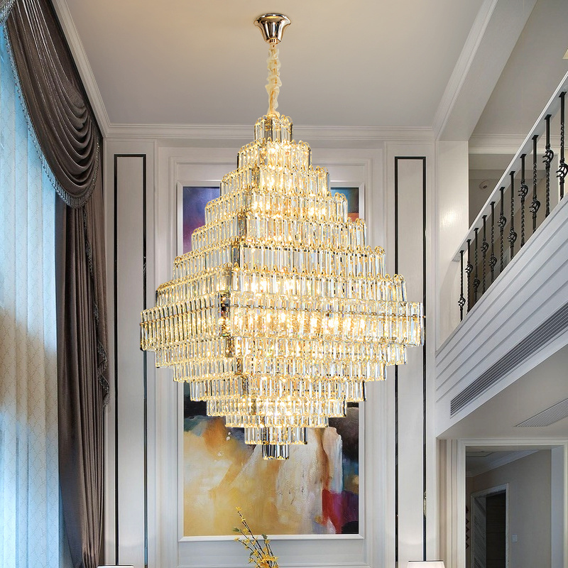 Modern Big Project Chandelier Golden Luxury Duplex Villa Hotel Lobby Banquet Hall K9 Crystal Customizable Square Chandelier