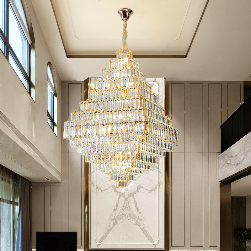 Modern Big Project Chandelier Golden Luxury Duplex Villa Hotel Lobby Banquet Hall K9 Crystal Customizable Square Chandelier