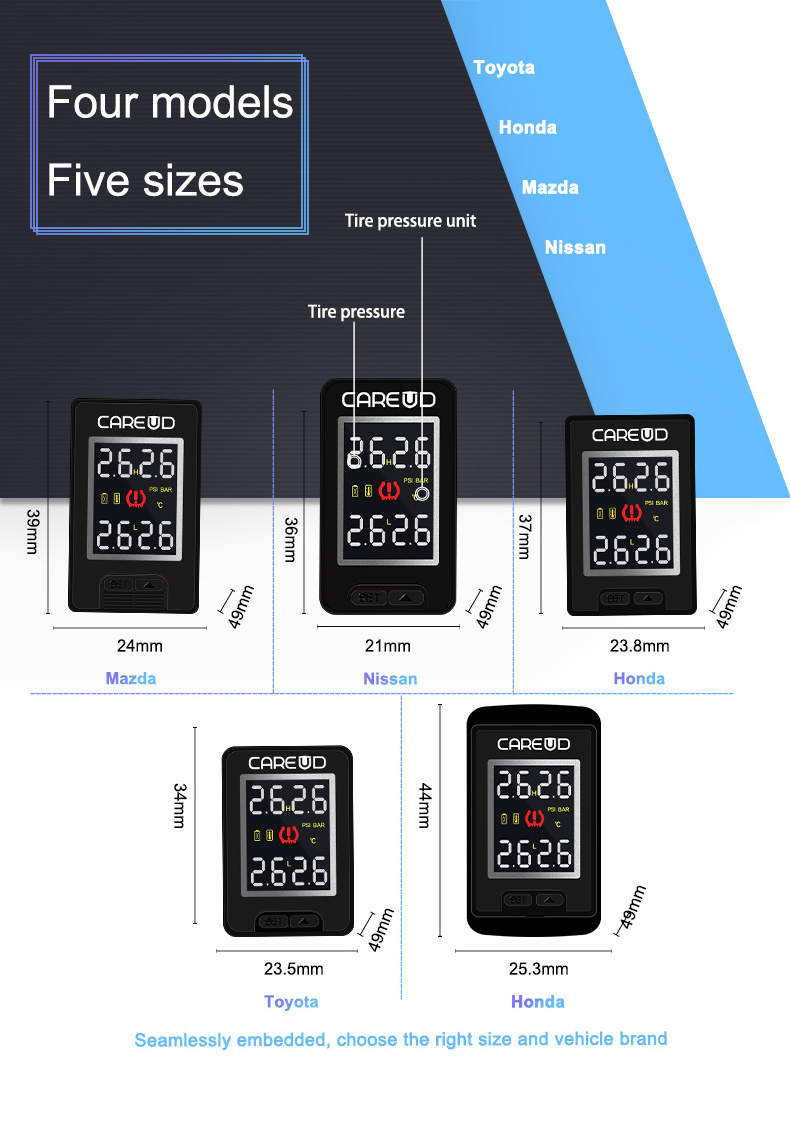CAREUD U912 for Toyota Wireless Tire Pressure Indicator 4X External Sensor Tyre Pressure Monitoring Systemm TPMS