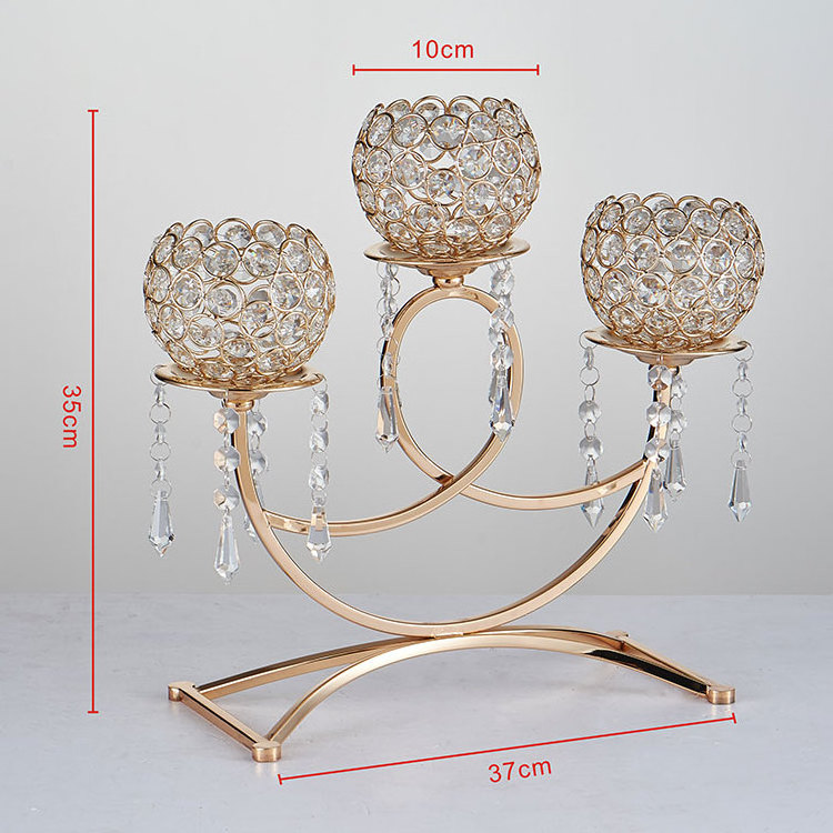 3 arm crystal gold votive candle glass holders for wedding decoration centerpieces