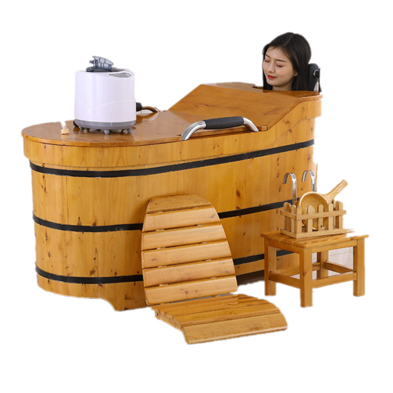 China OEM manufacture with cover  japanese sauna solid wood barrel bathtub cheap for hotel with steam pot