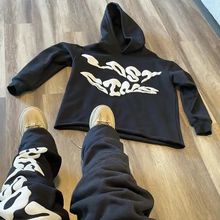 Customized Design Men's Puff Printing Tracksuit Stacked Flared Jogger Pant Sweatsuit And Hoodie Set For Men's