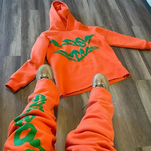 Customized Design Men's Puff Printing Tracksuit Stacked Flared Jogger Pant Sweatsuit And Hoodie Set For Men's