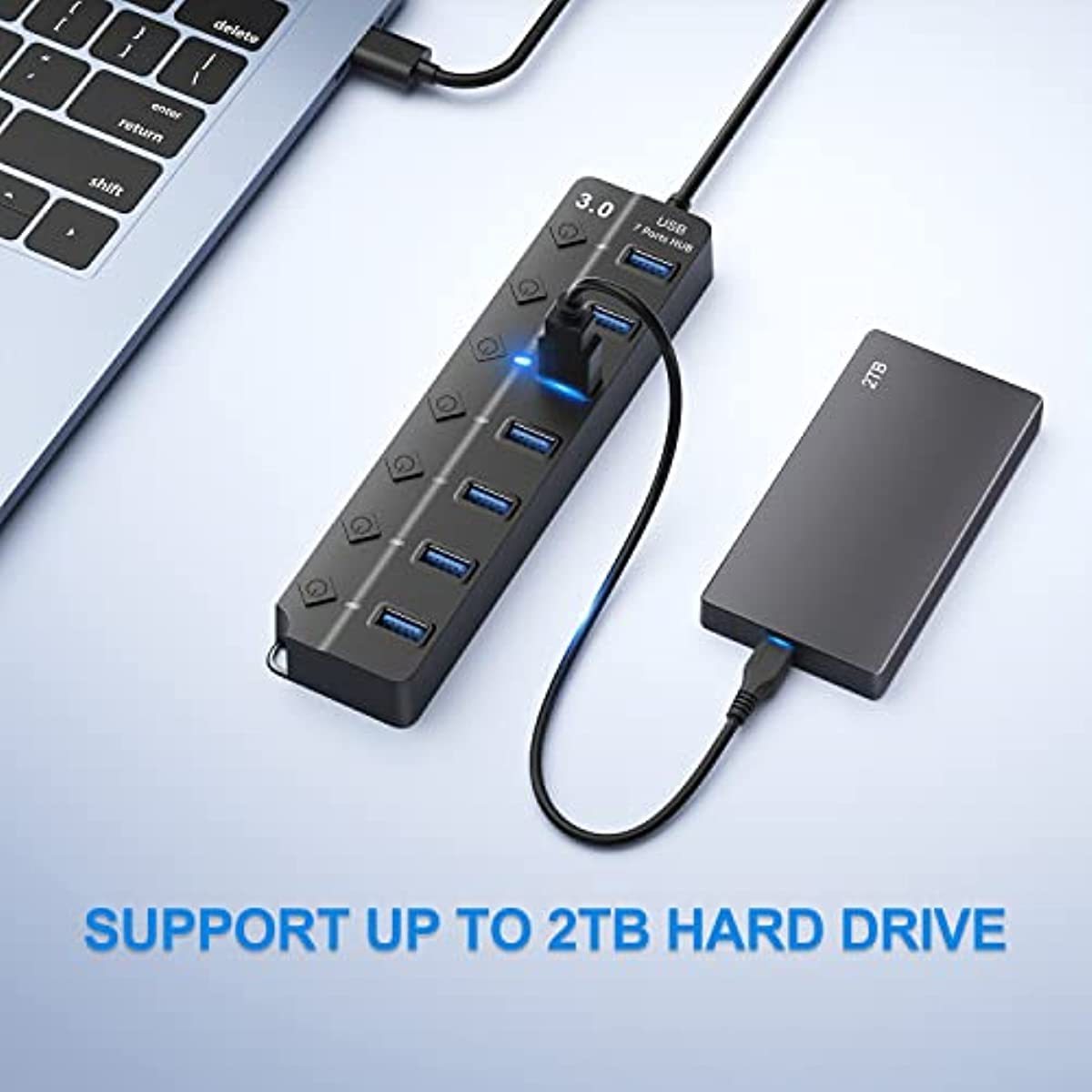 3.0 7 Port USB Hub On Off for Switches 3.2ft 1m Long Cable for MacBook Laptop for PS4 Gaming PC Flash Drive Mobile HDD