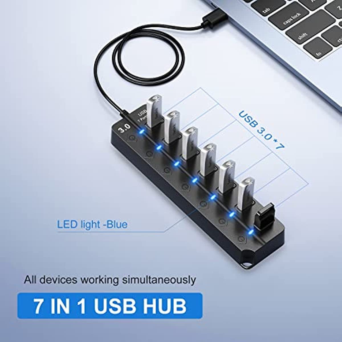 3.0 7 Port USB Hub On Off for Switches 3.2ft 1m Long Cable for MacBook Laptop for PS4 Gaming PC Flash Drive Mobile HDD