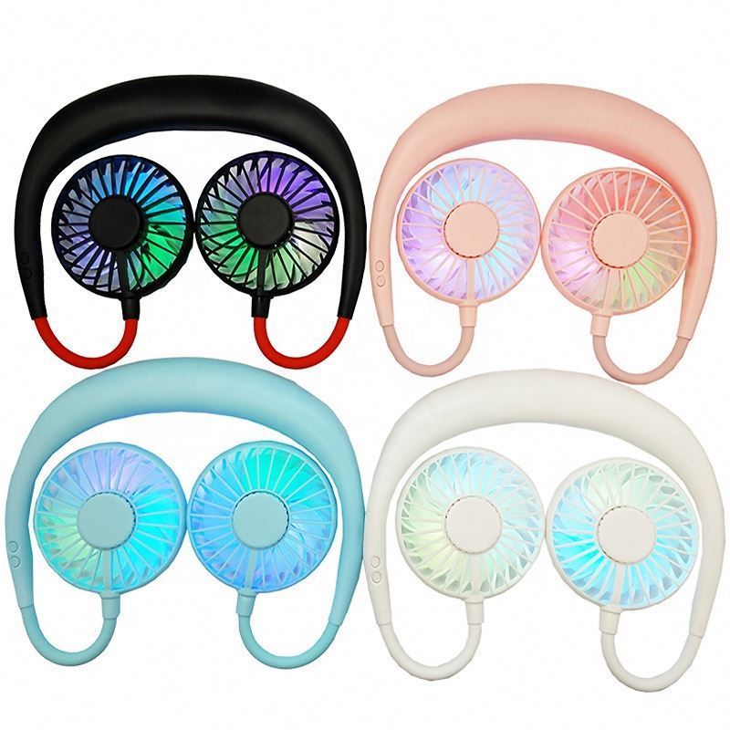 Cheap Hot Colorful Light Rechargeable LED Neck Fan with Aromatherapy Third Generation Neck Hanging Mini Fan for Summer