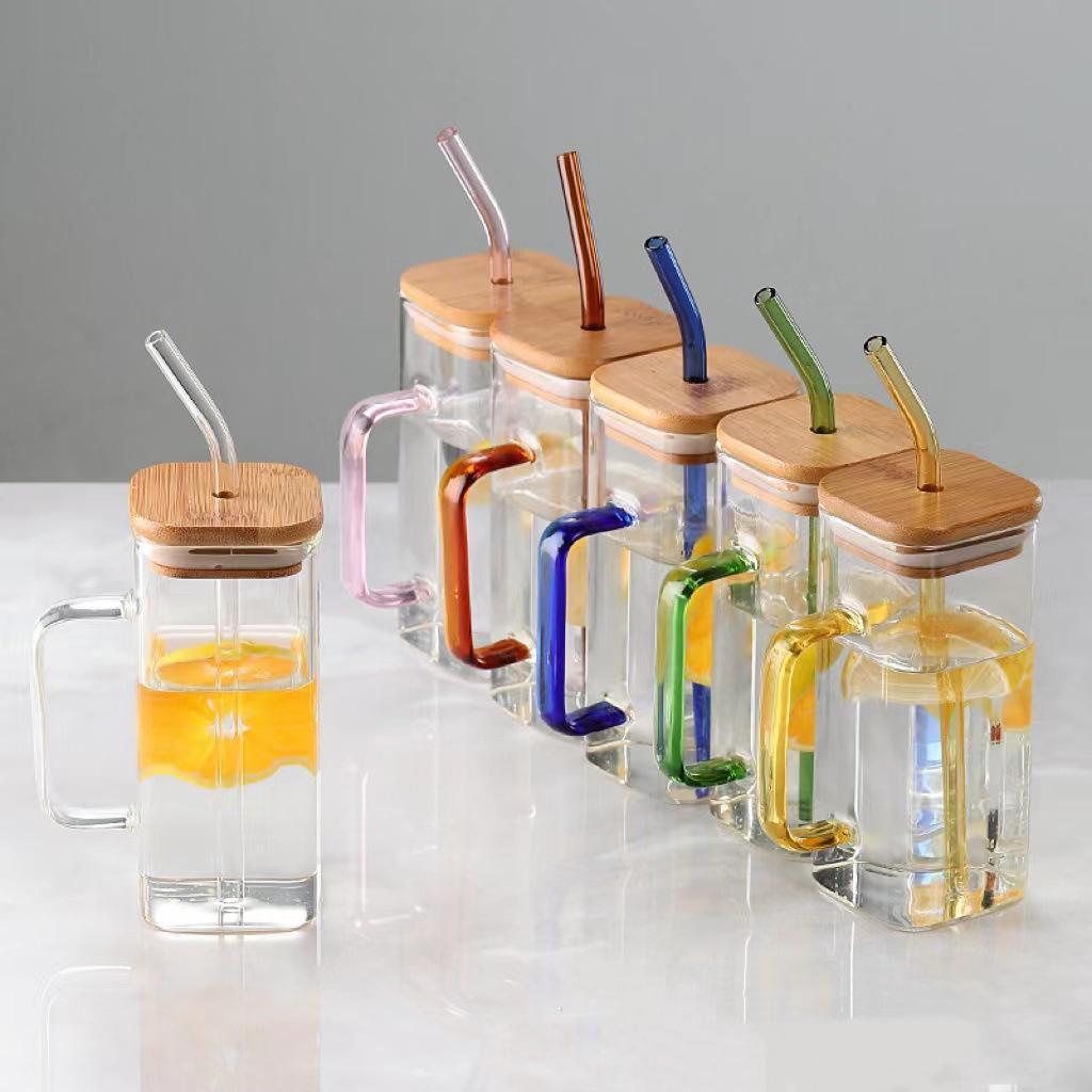 2023 New Square Custom 400ml Clear Beer Boba Drinking Mug Reusable Heat Resistant Glass Tumbler Cups With Colored Handle