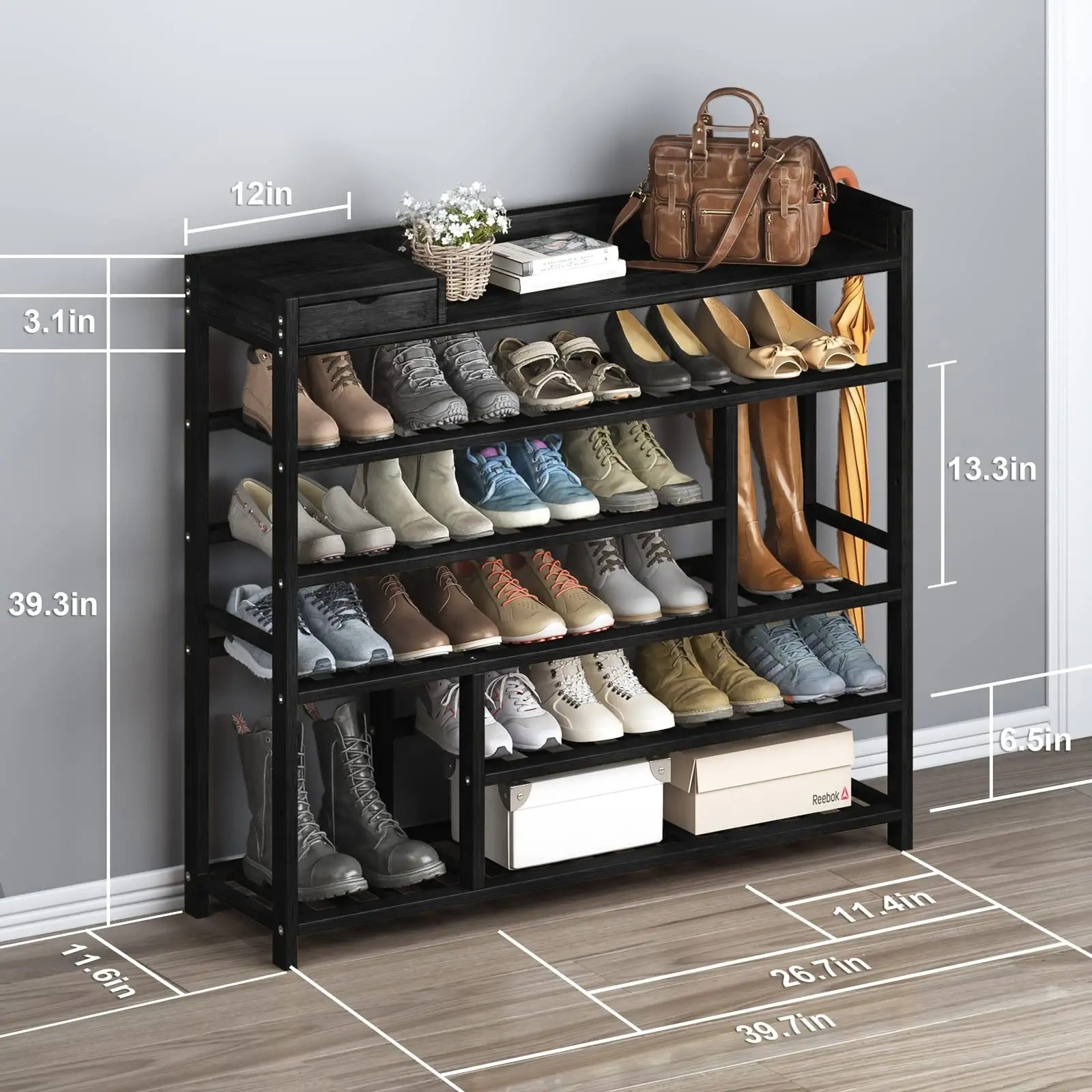 Shoe Rack Organizer for Closet Shelf Entryway 6 Tier Bamboo Solid Wood for 24 Pair Boots with Storage Box