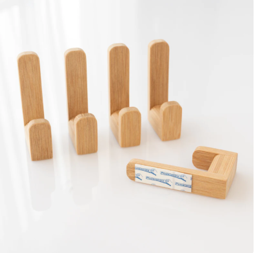 Set of 5 - Self-adhesive slim bamboo wall hooks