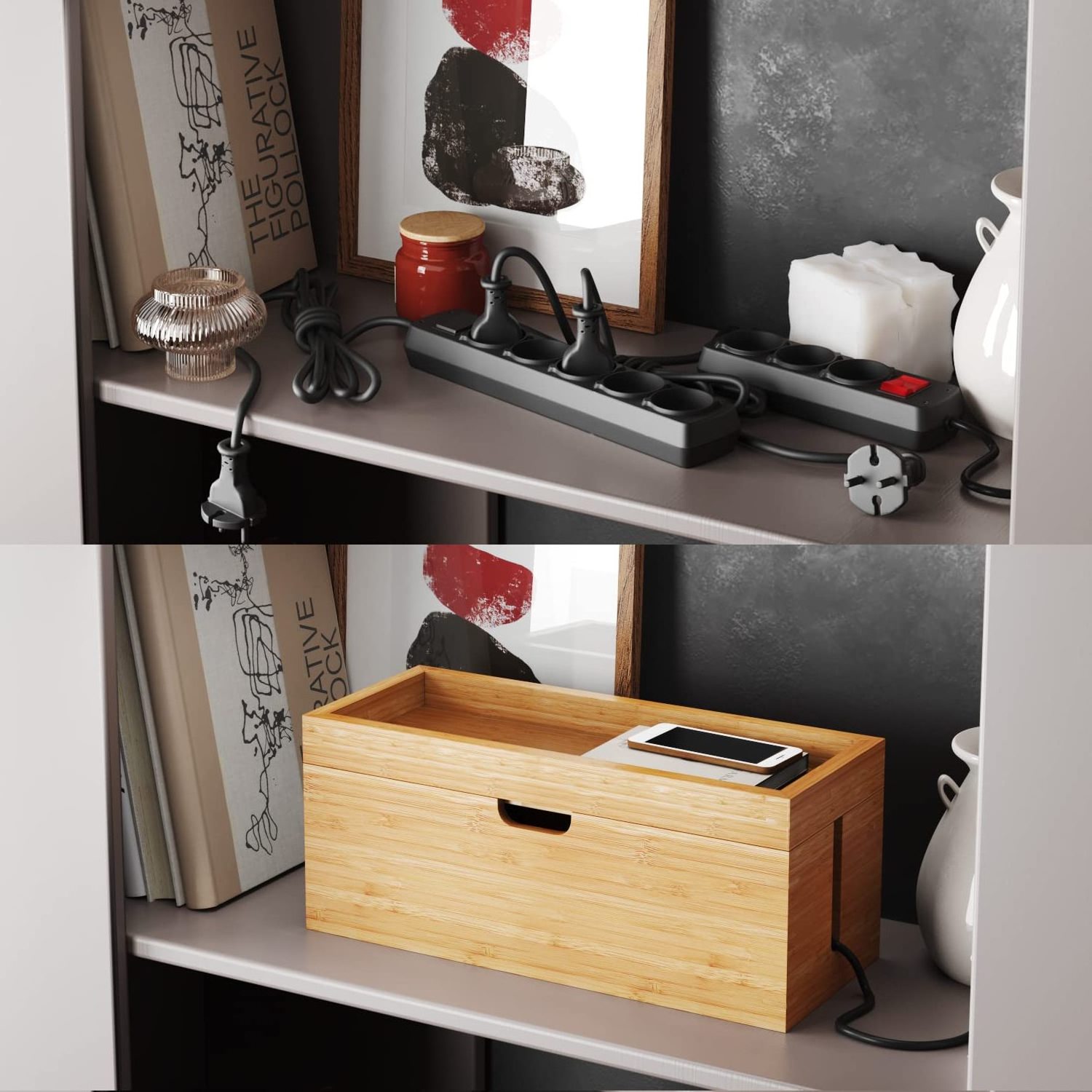 Bamboo Storage Box with lid  suitable for storing chargers, power strips and cables  cable management box  made of wood