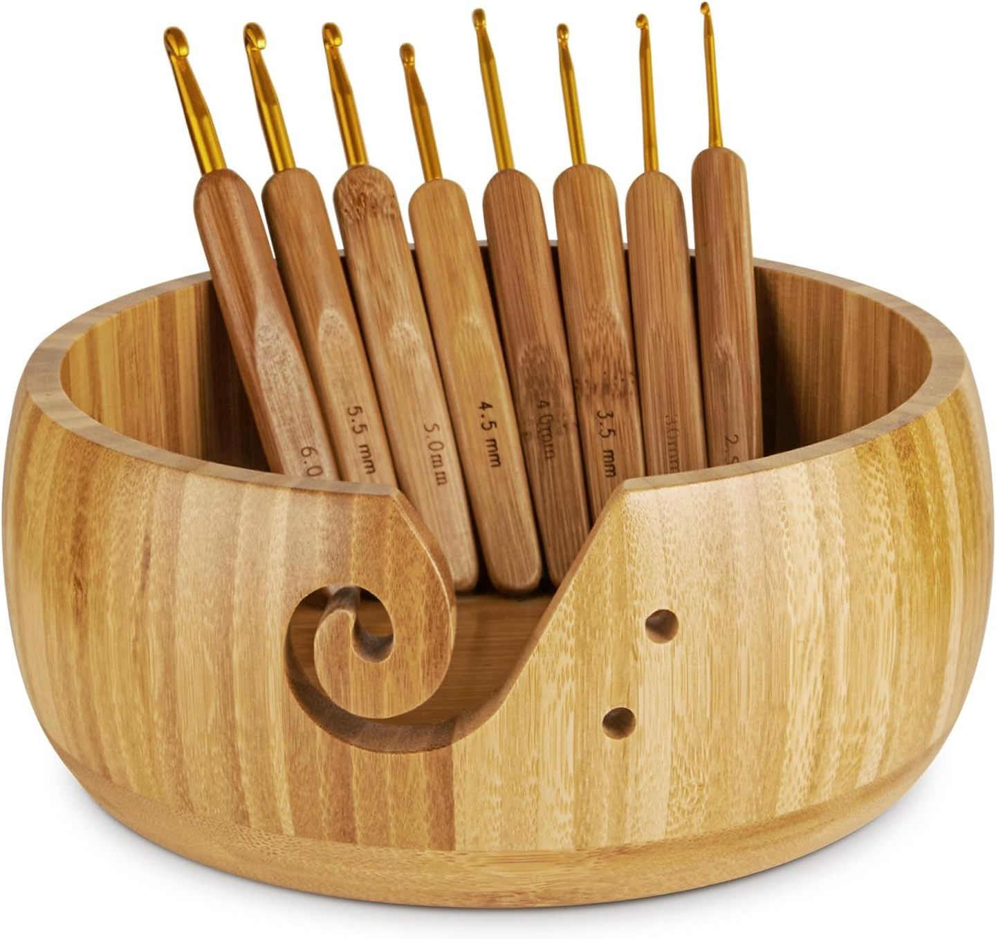 Wooden Yarn Bowl Holder, Craft Knitting Bowl with 8pcs Metal Crochet Hooks, 7.9''Large Yarn Holder Dispenser Yarn Storage Bowls,