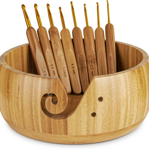 Wooden Yarn Bowl Holder, Craft Knitting Bowl with 8pcs Metal Crochet Hooks, 7.9''Large Yarn Holder Dispenser Yarn Storage Bowls,