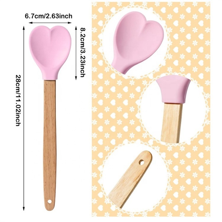 Factory Wholesale Heart Shaped Silicone Spatula With Wooden Handle Mixing Cooking Baking Wooden Valentine's Day Utensil