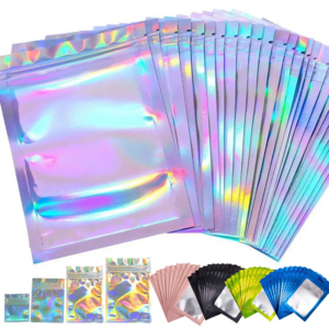 Custom Aluminum Foil Transparent Holographic Bag Resealable Smell Proof Food Small Ziplock Plastic Packaging Mylar Hologram Bags