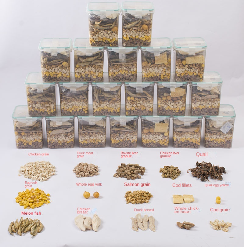 15 Kinds of Pet Freeze-Dried Mixed Barrel Chicken Diced Spring Fish Quail Dog And Cat Snacks Wholesale Net 500g Barrel