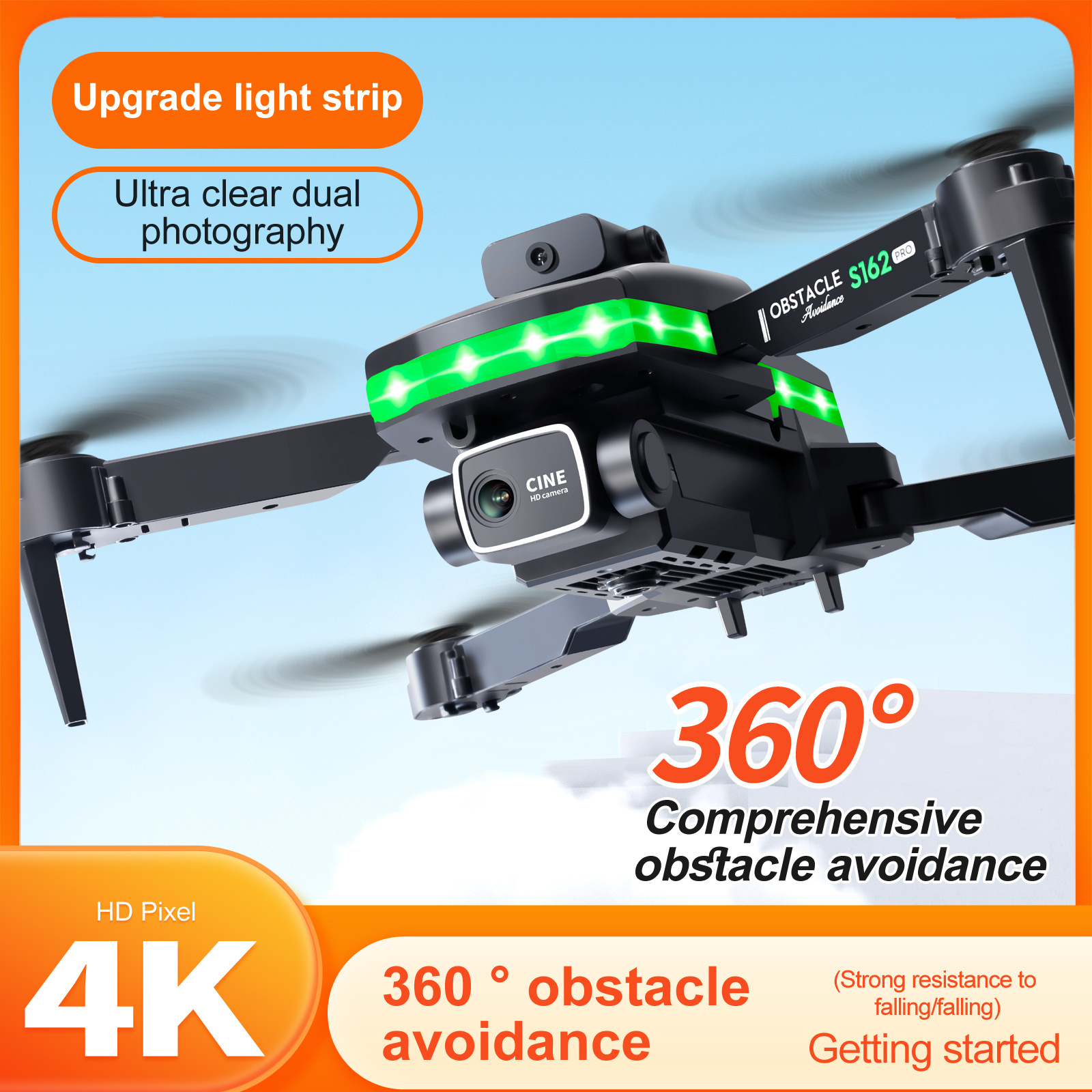 Cool Color LED Flight 10Minutes Battery foldable 4K HD Dual Camera Lens Switching Broader Vision Light Remote Control S162 Drone