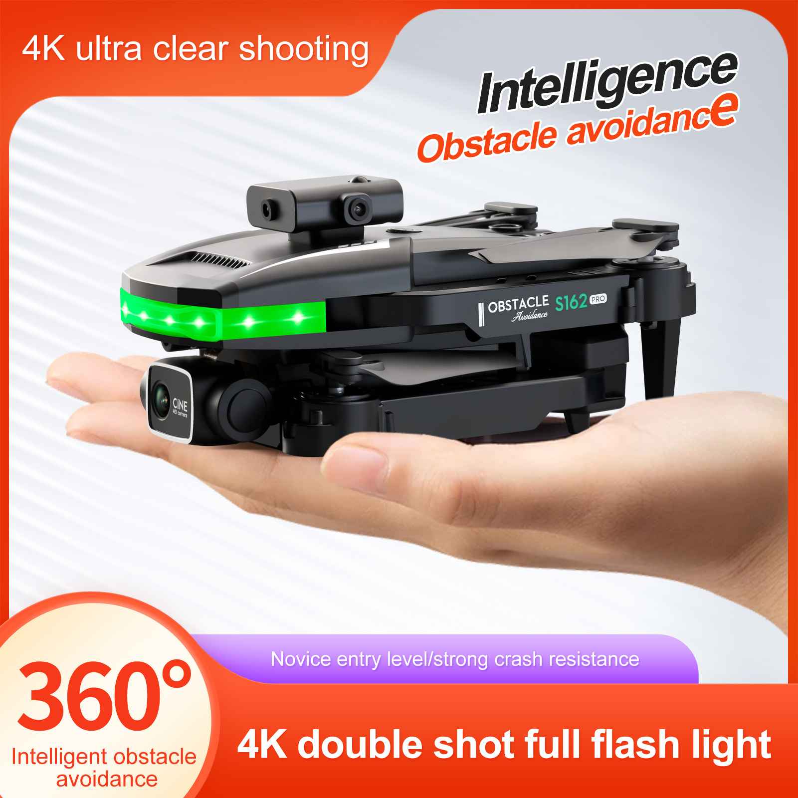 Cool Color LED Flight 10Minutes Battery foldable 4K HD Dual Camera Lens Switching Broader Vision Light Remote Control S162 Drone