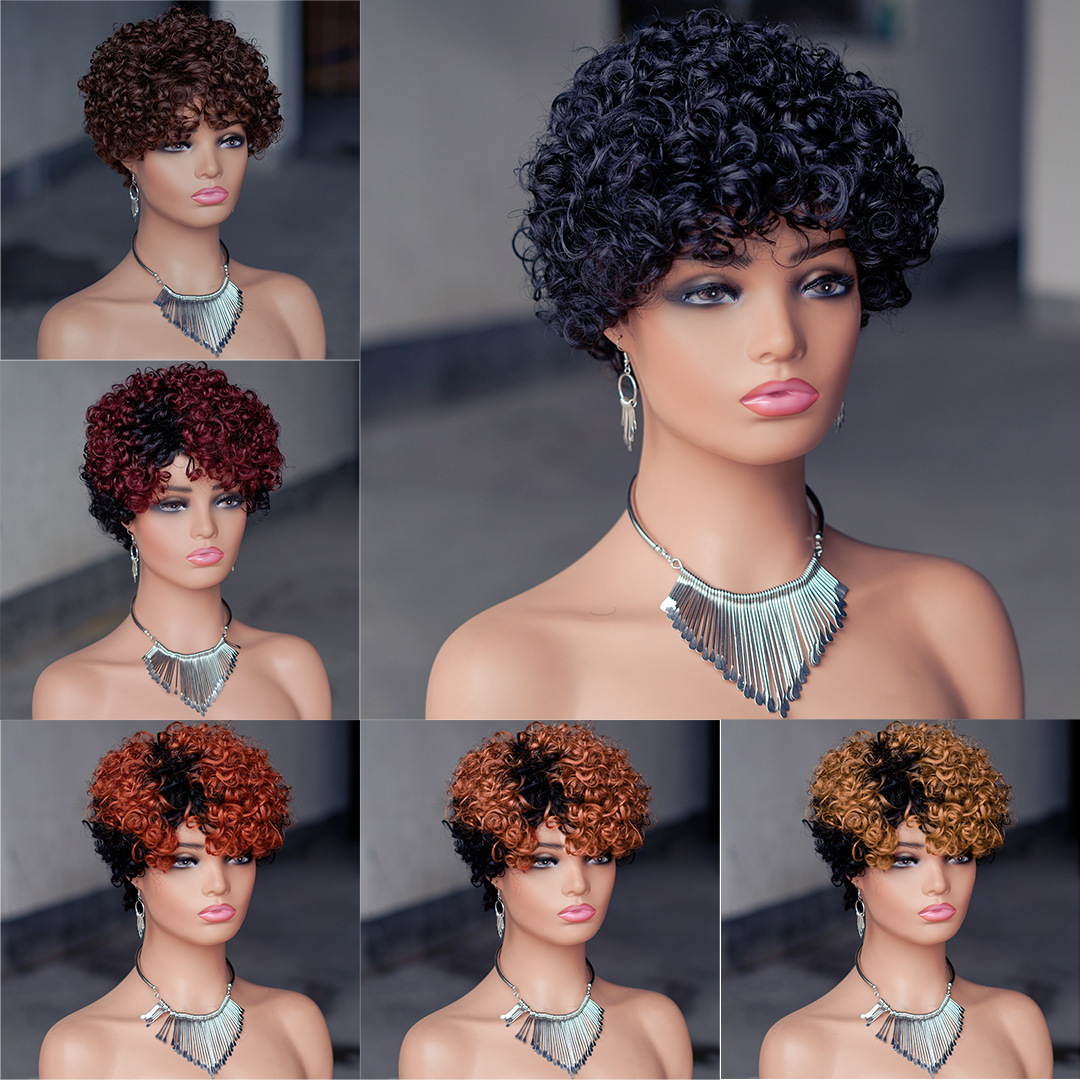 Colored Short Pixie Cut Human Hair Wigs 180 Density Highlight 4/27 #350 Colored  Wigs Human Hair