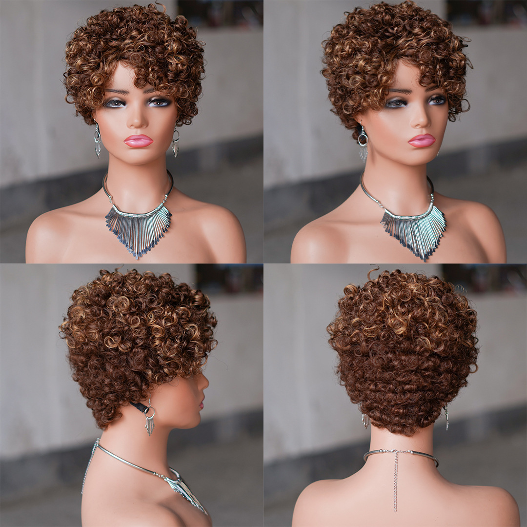 Colored Short Pixie Cut Human Hair Wigs 180 Density Highlight 4/27 #350 Colored  Wigs Human Hair