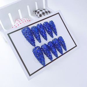 The most luxurious Bling Rhinestone Handmade False Custom Logo blue Acrylic Press On Nails Medium Length