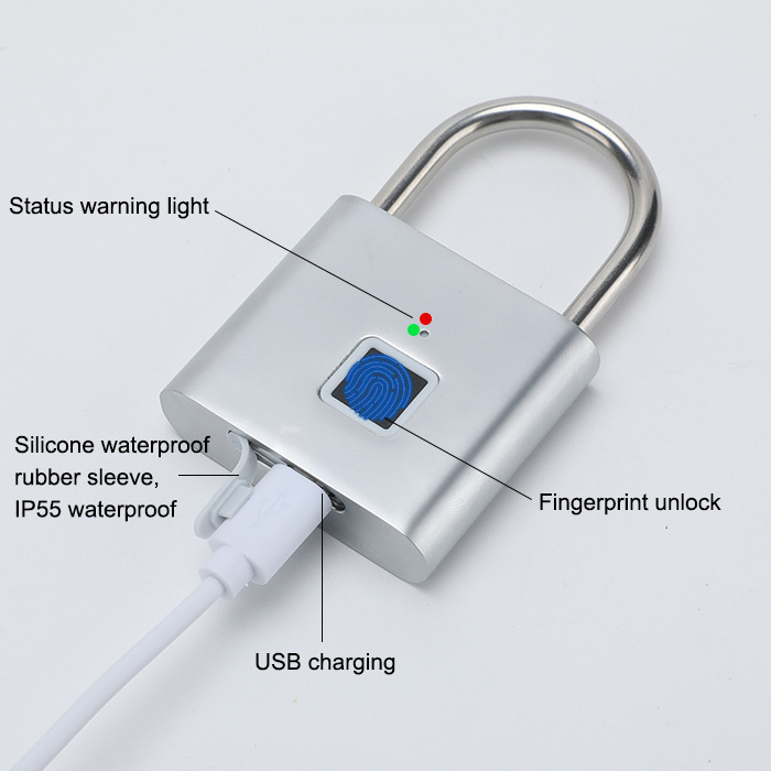 cheap Fingerprint smart thumbprint padlock USB charging IP55 waterproof smart fingerprint padlock quick unlock