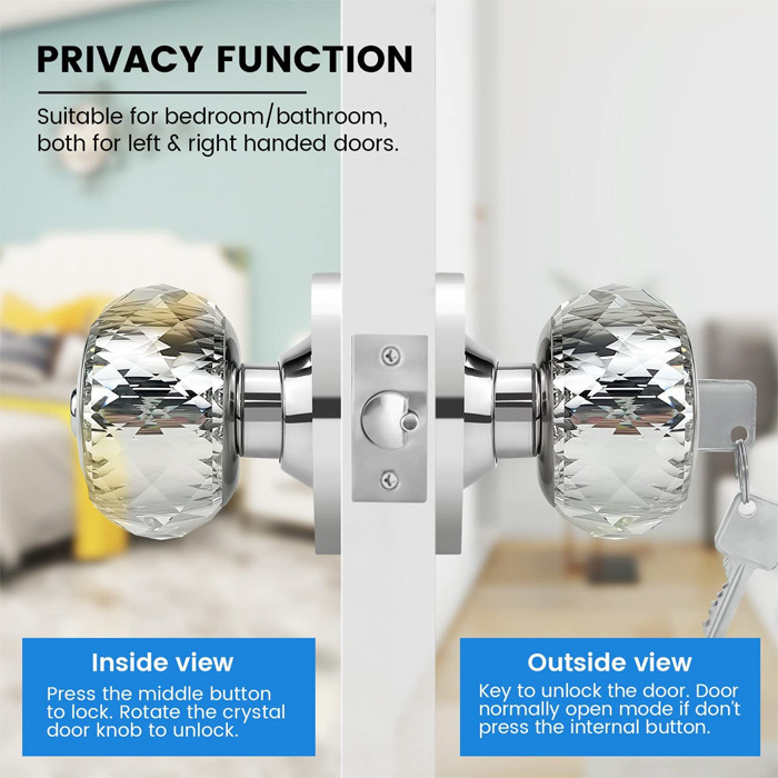 Privacy Lock Crystal Door Knobs with Lock and Keys Classic Interior Crystal Door Knobs for Bedroom Bathroom