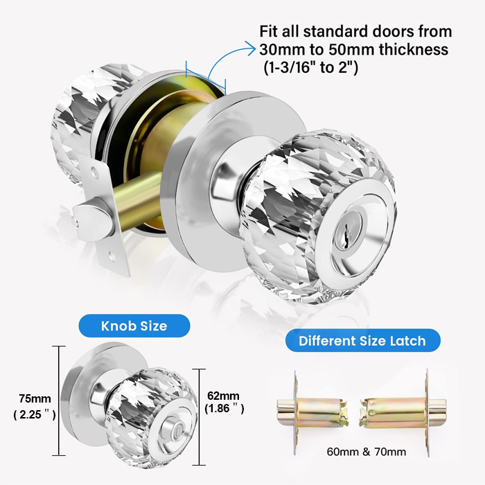 Privacy Lock Crystal Door Knobs with Lock and Keys Classic Interior Crystal Door Knobs for Bedroom Bathroom