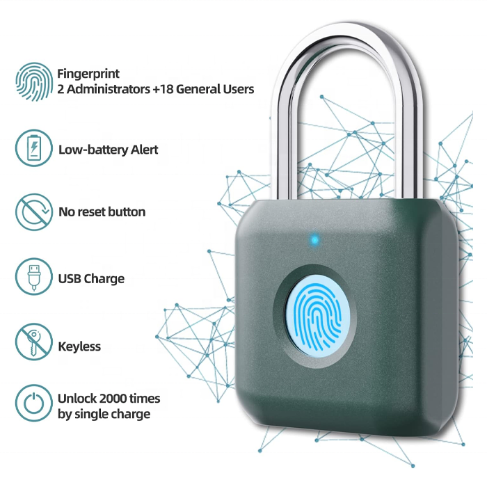 Biometric Metal Keyless Fingerprint Lock Waterproof USB Rechargeable for Gym Locker, School Locker, Luggage, Backpack