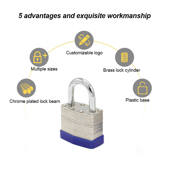 Heavy duty hard laminated steel padlock with hardened chrome plated hook and loop key safety padlock