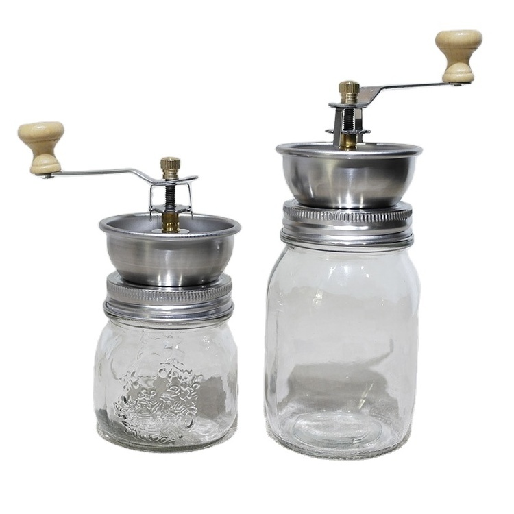 Manual glass Coffee Bean Grinder with canister set; Hand Coffee Mill with 2 Glass Jars Ceramic Burr Stainless Steel Handle