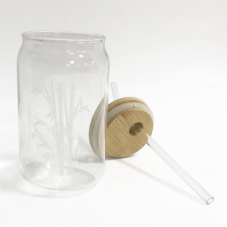 Custom 16oz Libbey Glass Can with Bamboo Lid and Straw Fast Glass Beer Can Soda Cups with Lid and Straw