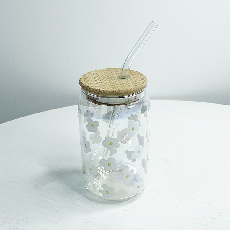 16oz Clear Flower Spray Bottom Glass Beer Can with Bamboo Wood Lid and Straw for Wine & Coffee Drinking