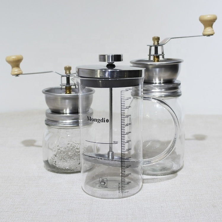 Manual glass Coffee Bean Grinder with canister set; Hand Coffee Mill with 2 Glass Jars Ceramic Burr Stainless Steel Handle