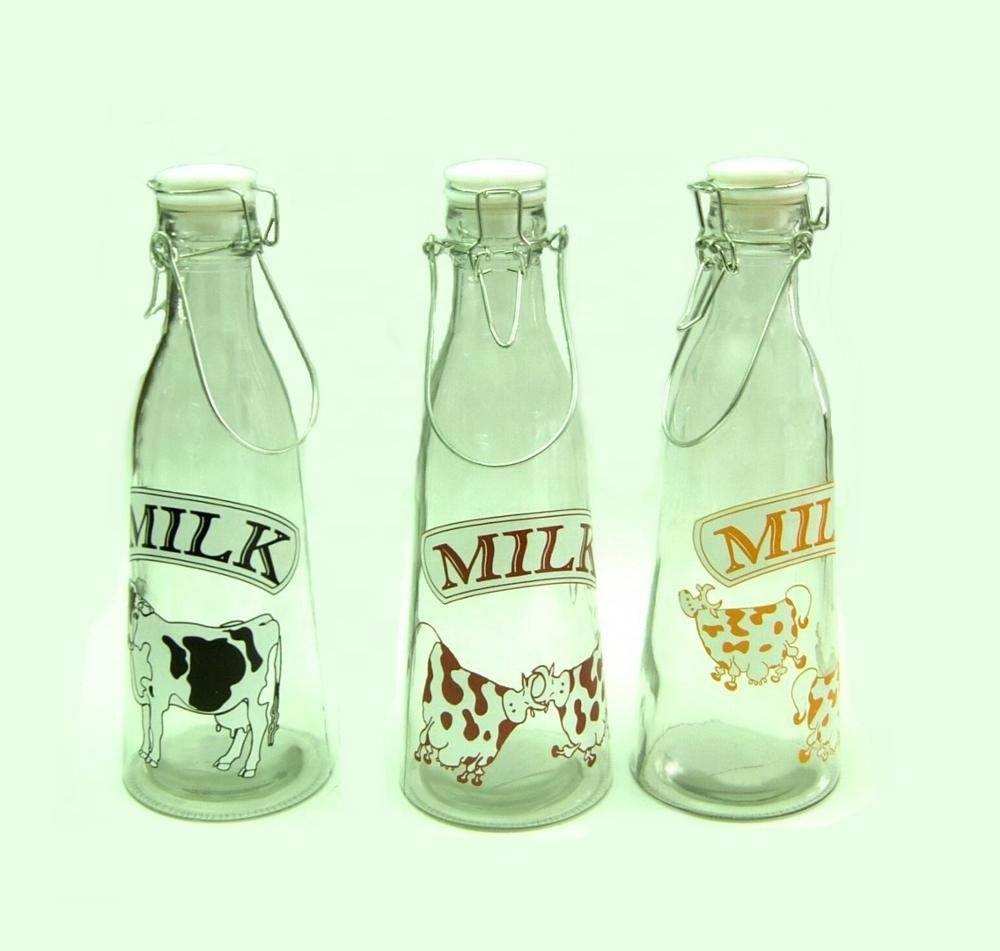 1L glass glass milk bottle with printing with metal and clip lid (TW717K)