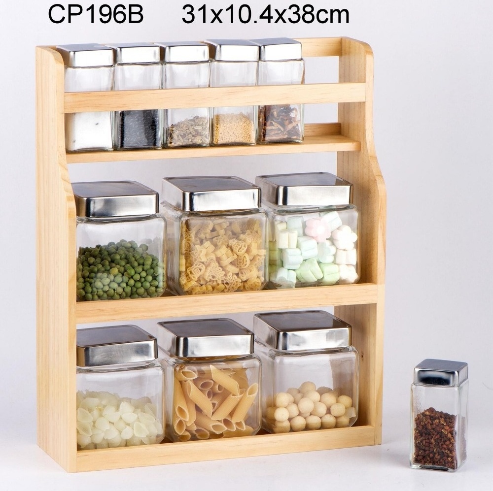 CP196B 12pcs glass jar set with stainless steel lid and wooden stand