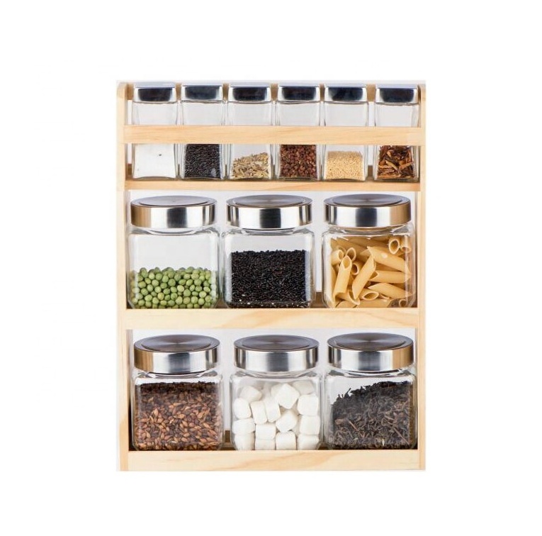 CP196B 12pcs glass jar set with stainless steel lid and wooden stand