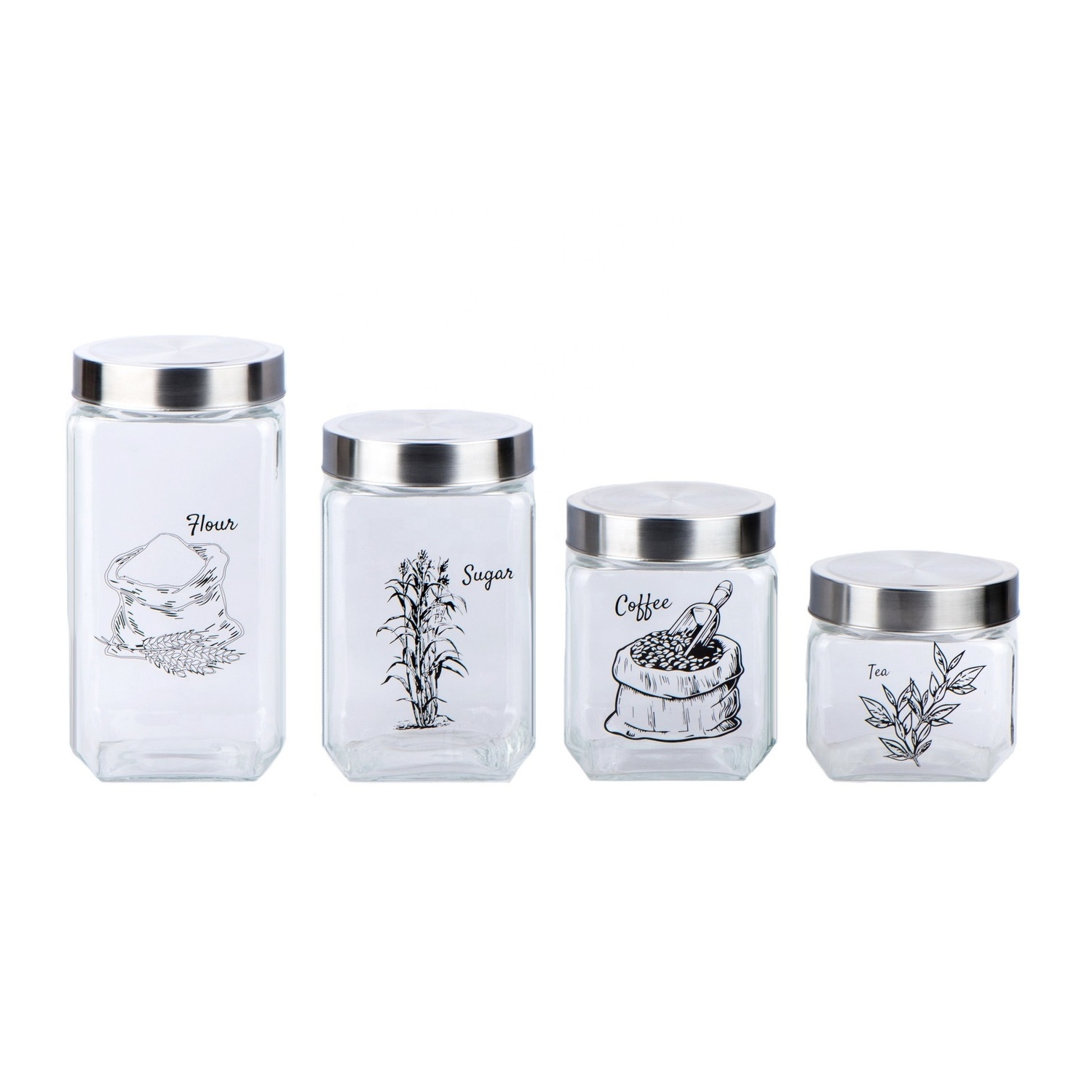 CCP095K14 square glass jar glass food canister with printing with stainless steel window lid