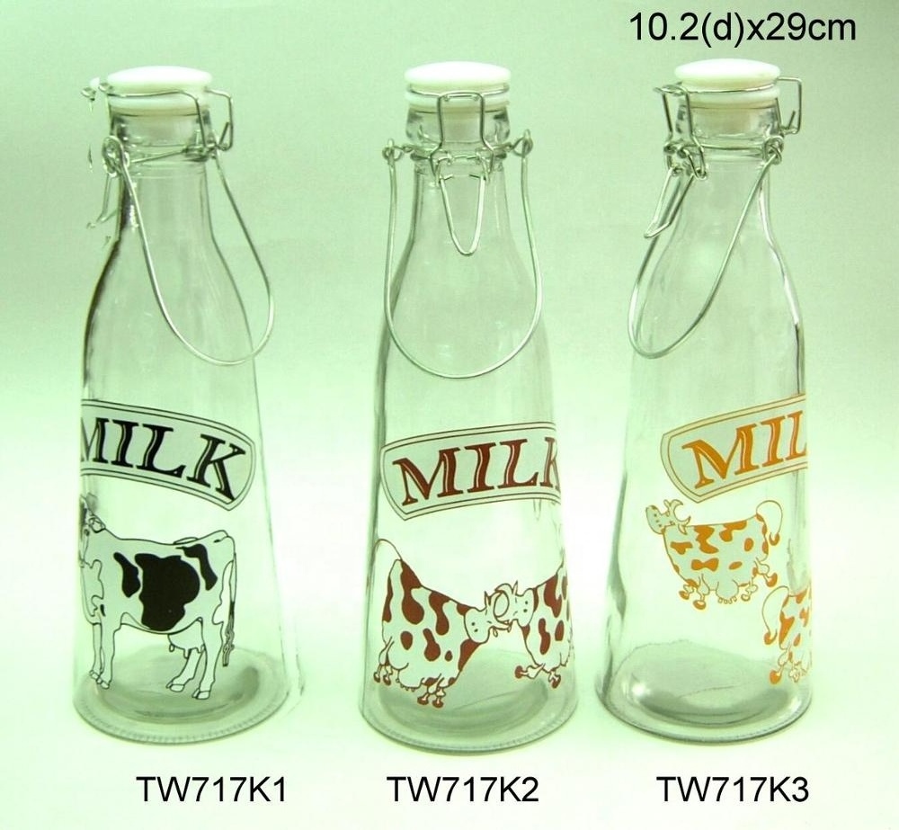 1L glass glass milk bottle with printing with metal and clip lid (TW717K)