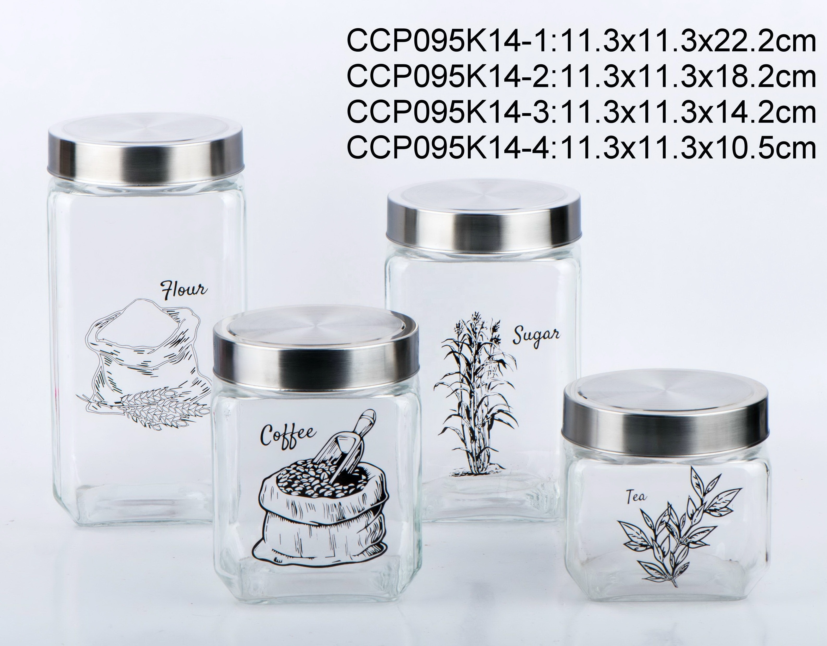 CCP095K14 square glass jar glass food canister with printing with stainless steel window lid